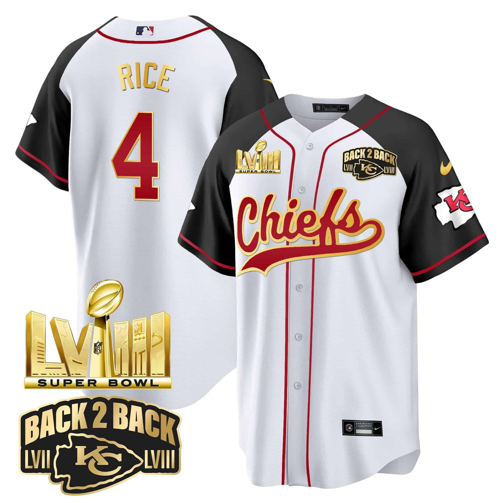 Men Kansas City Chiefs 4 Rice White 2024 Nike Super Bowl LVIII Back 2 Back Gold Patch Baseball NFL Jersey style 1